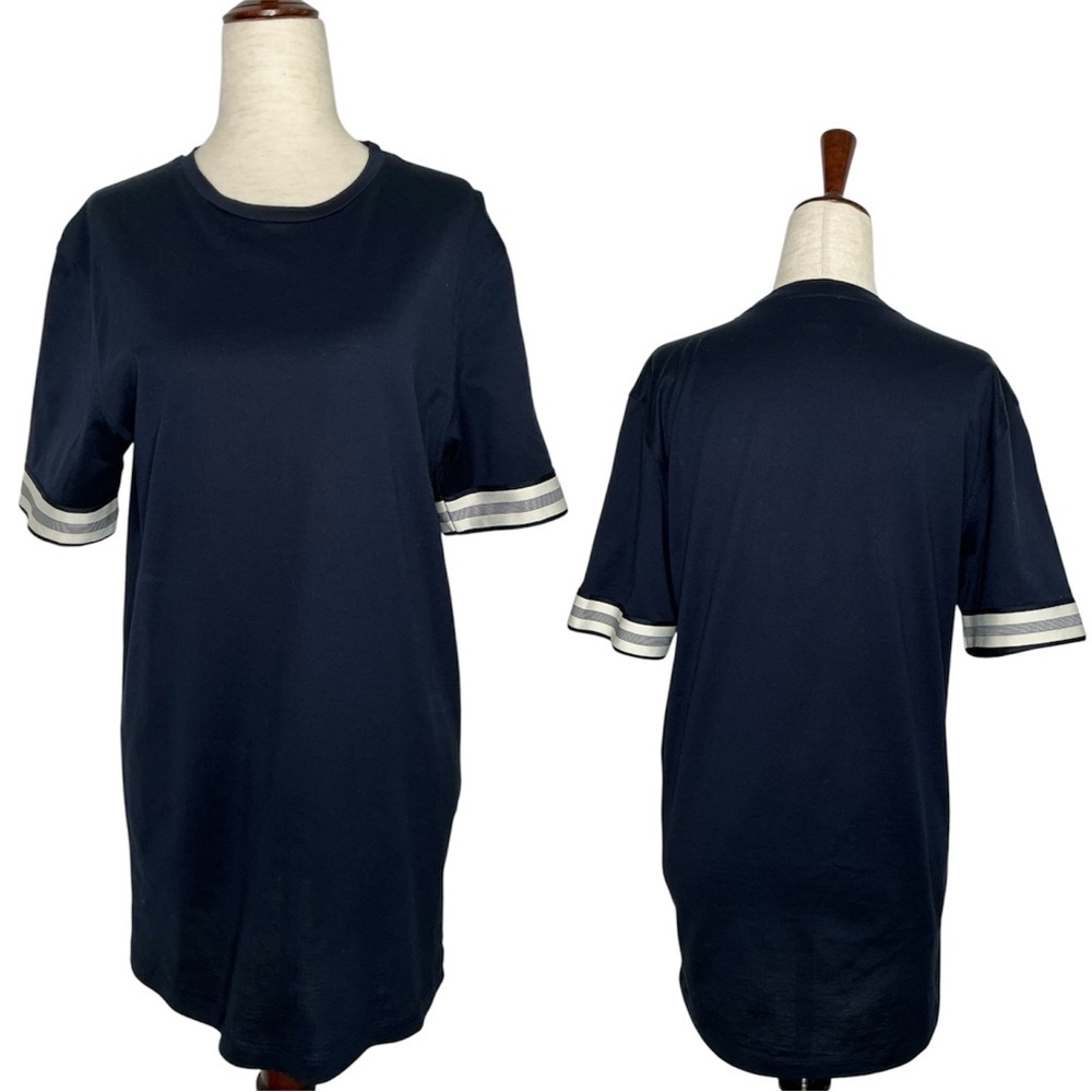 Reiss Navy Short Sleeve Tee with Contrast Stripe Cuffs Egyptian Cotton Medium